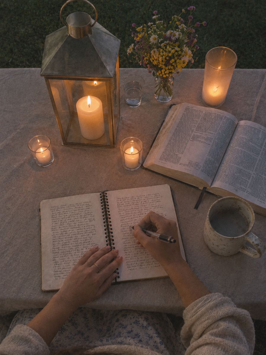 A woman writing by lantern light, her Bible open beside her